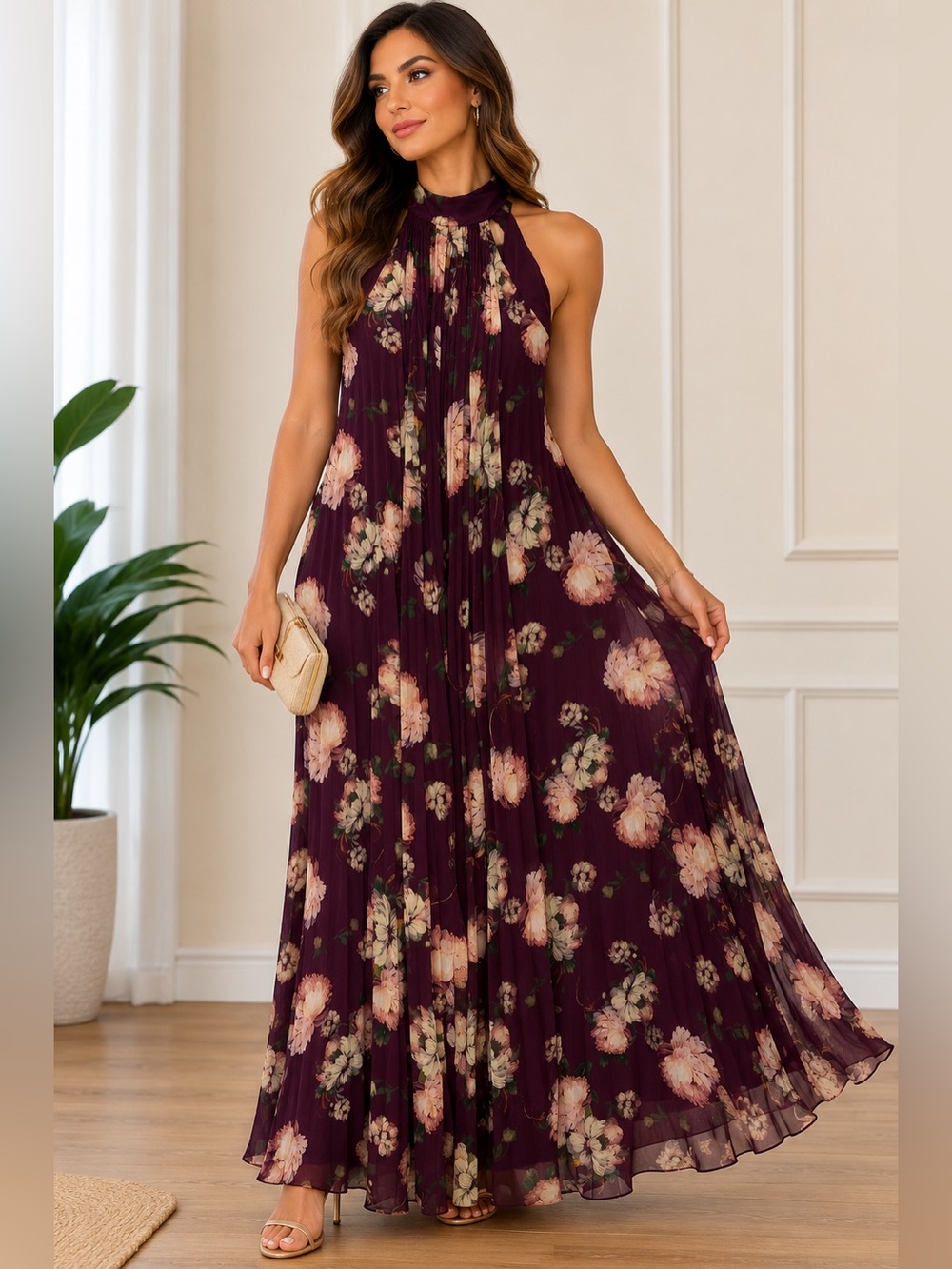 BHLDN Maroon Halter Dress with Floral Trim